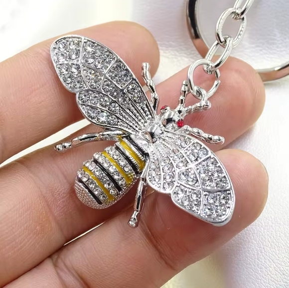 🐝CRYSTAL SILVER BUMBLE BEE KEY CHAIN/ PURSE CHARM - Picture 1 of 3